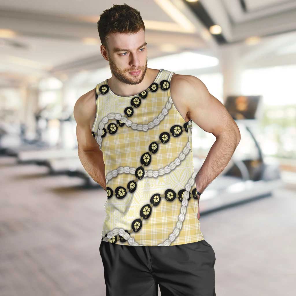 Yellow Palaka Hawaii Men Tank Top Kukui Nut Pikake Lei Hawaiian Tapa Pattern - Polynesian Pride