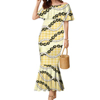 Yellow Palaka Hawaii Mermaid Dress Kukui Nut Pikake Lei Hawaiian Tapa Pattern - Polynesian Pride