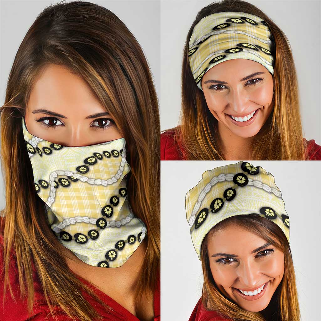 Yellow Palaka Hawaii Neck Gaiter Kukui Nut Pikake Lei Hawaiian Tapa Pattern - Polynesian Pride