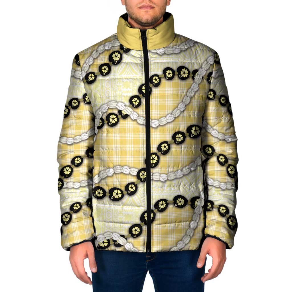 Yellow Palaka Hawaii Padded Jacket Kukui Nut Pikake Lei Hawaiian Tapa Pattern - Polynesian Pride