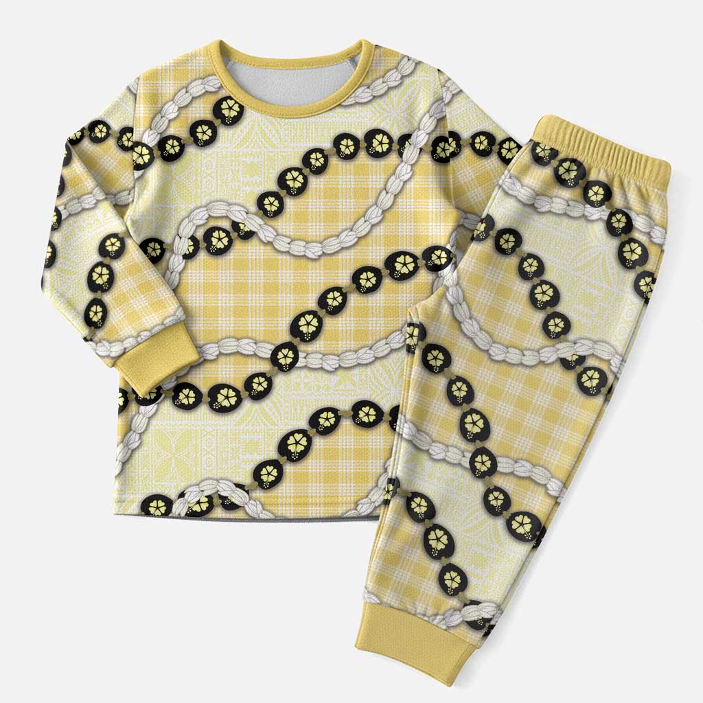 Yellow Palaka Hawaii Christmas Pajama Set Kukui Nut Pikake Lei Hawaiian Tapa Pattern - Polynesian Pride