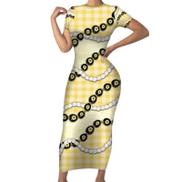 Yellow Palaka Hawaii Short Sleeve Bodycon Dress Kukui Nut Pikake Lei Hawaiian Tapa Pattern - Polynesian Pride