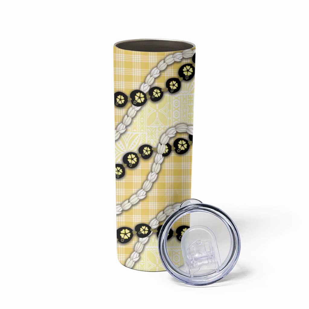 Yellow Palaka Hawaii Skinny Tumbler Kukui Nut Pikake Lei Hawaiian Tapa Pattern - Polynesian Pride