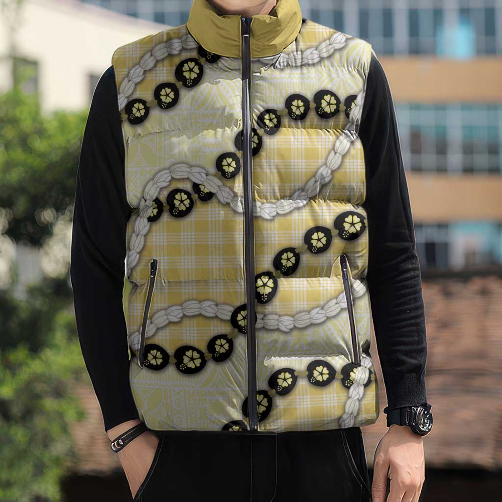 Yellow Palaka Hawaii Sleeveless Puffer Jacket Kukui Nut Pikake Lei Hawaiian Tapa Pattern - Polynesian Pride