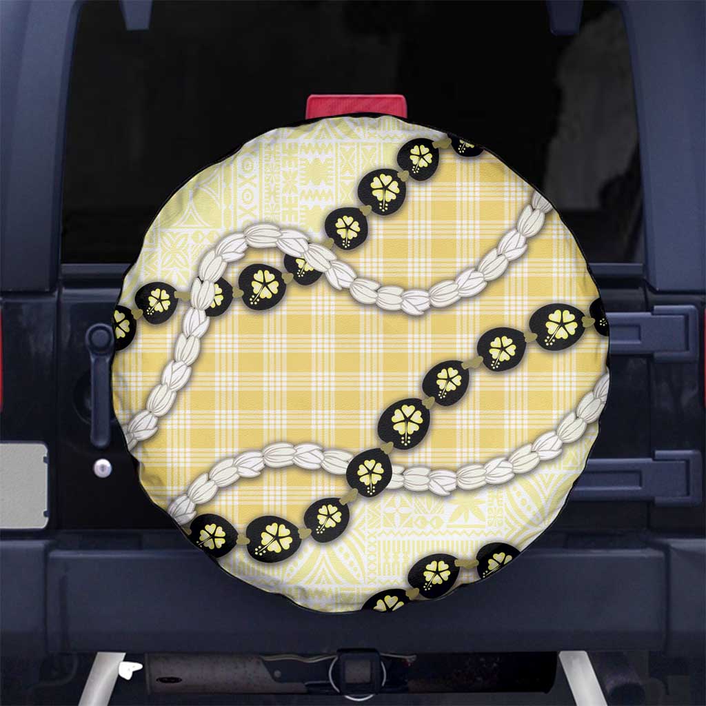Yellow Palaka Hawaii Spare Tire Cover Kukui Nut Pikake Lei Hawaiian Tapa Pattern - Polynesian Pride
