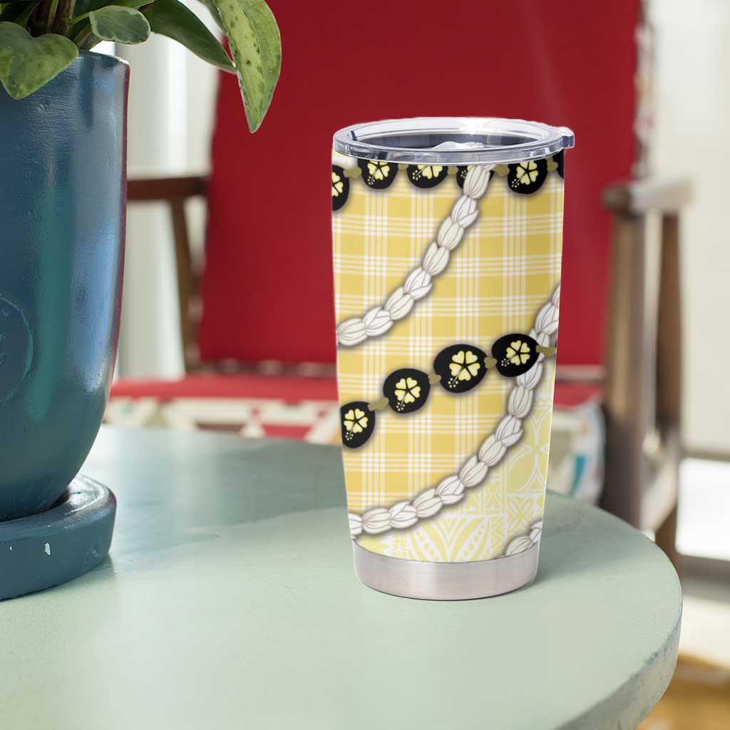 Yellow Palaka Hawaii Tumbler Cup Kukui Nut Pikake Lei Hawaiian Tapa Pattern - Polynesian Pride