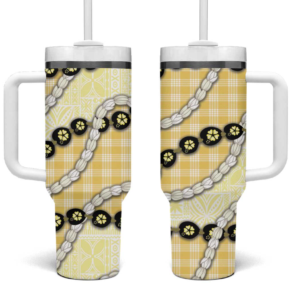 Yellow Palaka Hawaii Tumbler With Handle Kukui Nut Pikake Lei Hawaiian Tapa Pattern - Polynesian Pride
