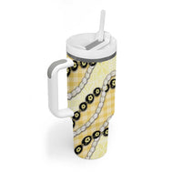 Yellow Palaka Hawaii Tumbler With Handle Kukui Nut Pikake Lei Hawaiian Tapa Pattern - Polynesian Pride