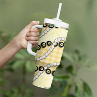 Yellow Palaka Hawaii Tumbler With Handle Kukui Nut Pikake Lei Hawaiian Tapa Pattern - Polynesian Pride