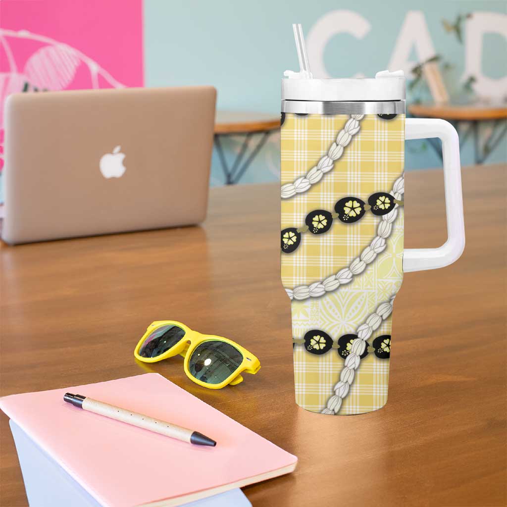 Yellow Palaka Hawaii Tumbler With Handle Kukui Nut Pikake Lei Hawaiian Tapa Pattern - Polynesian Pride