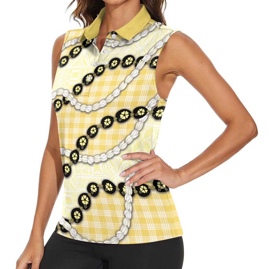 Yellow Palaka Hawaii Women Sleeveless Polo Shirt Kukui Nut Pikake Lei Hawaiian Tapa Pattern - Polynesian Pride