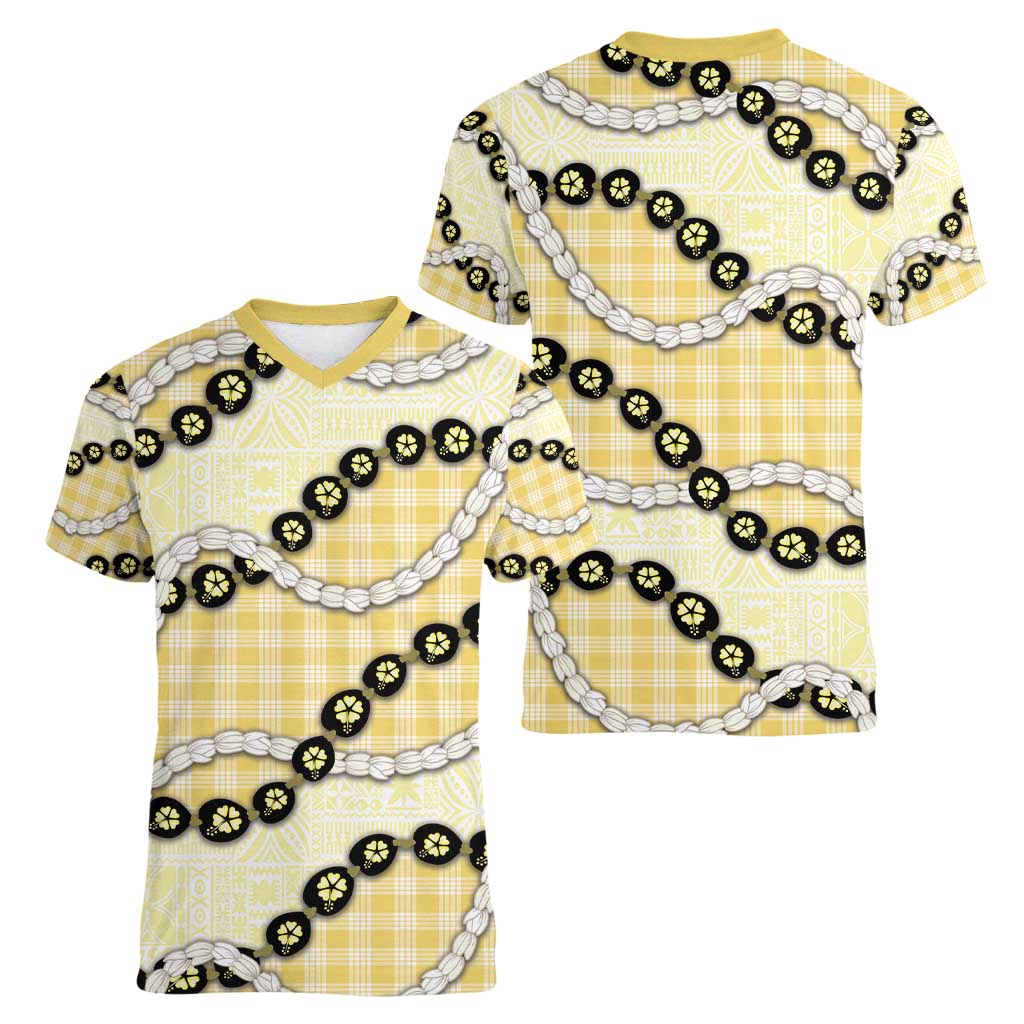 Yellow Palaka Hawaii Women V-Neck T-Shirt Kukui Nut Pikake Lei Hawaiian Tapa Pattern - Polynesian Pride