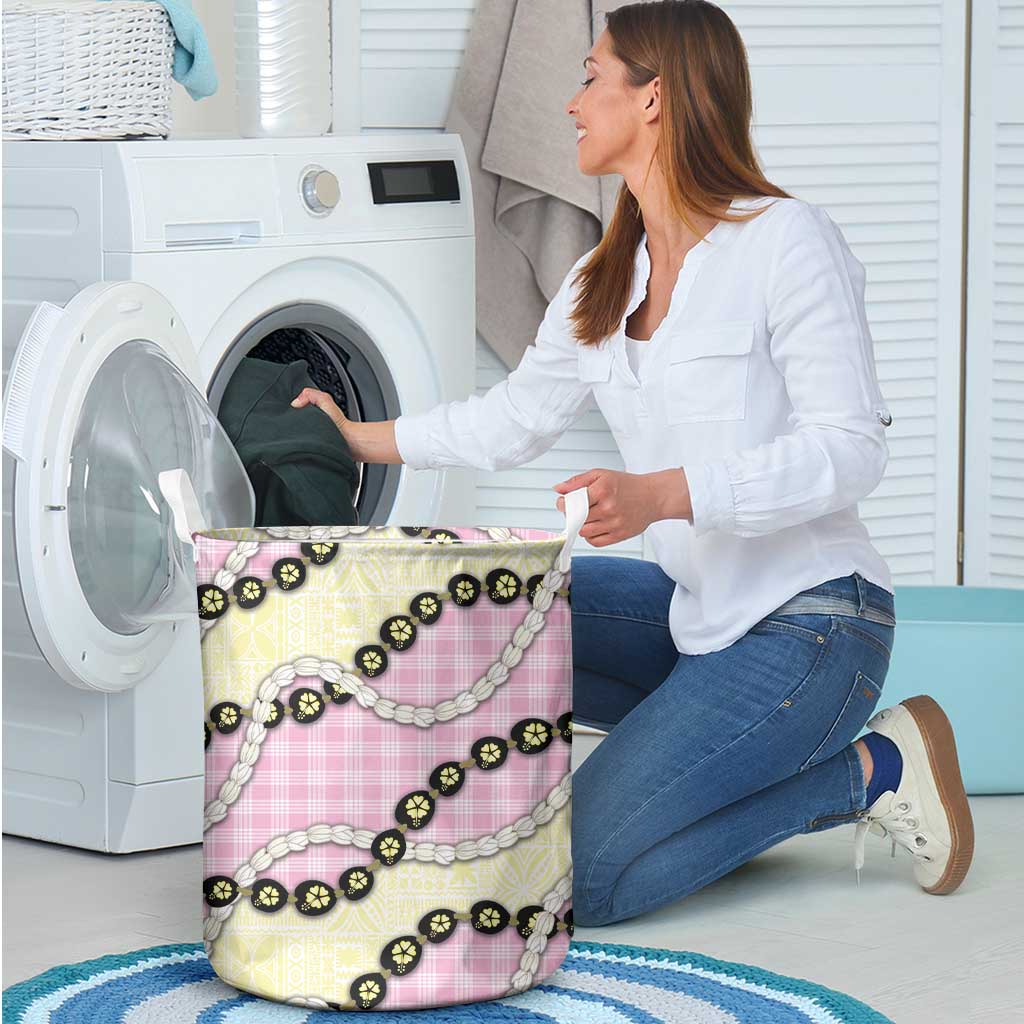 Pink Palaka Hawaii Laundry Basket Kukui Nut Pikake Lei Hawaiian Tapa Pattern - Polynesian Pride