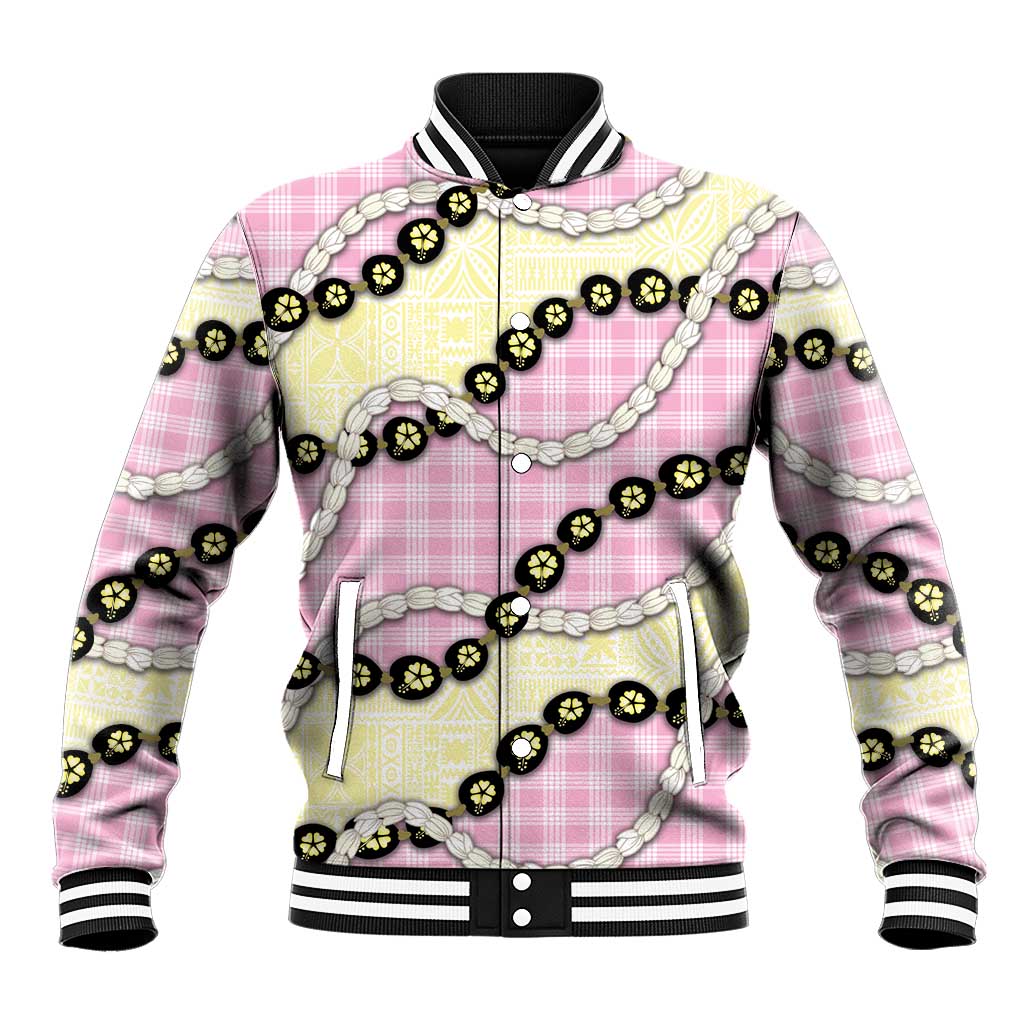 Pink Palaka Hawaii Baseball Jacket Kukui Nut Pikake Lei Hawaiian Tapa Pattern - Polynesian Pride