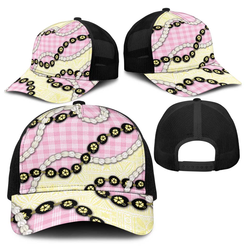 Pink Palaka Hawaii Baseball Net Cap Kukui Nut Pikake Lei Hawaiian Tapa Pattern - Polynesian Pride
