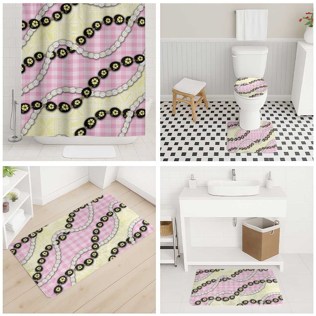 Pink Palaka Hawaii Bathroom Set Kukui Nut Pikake Lei Hawaiian Tapa Pattern - Polynesian Pride
