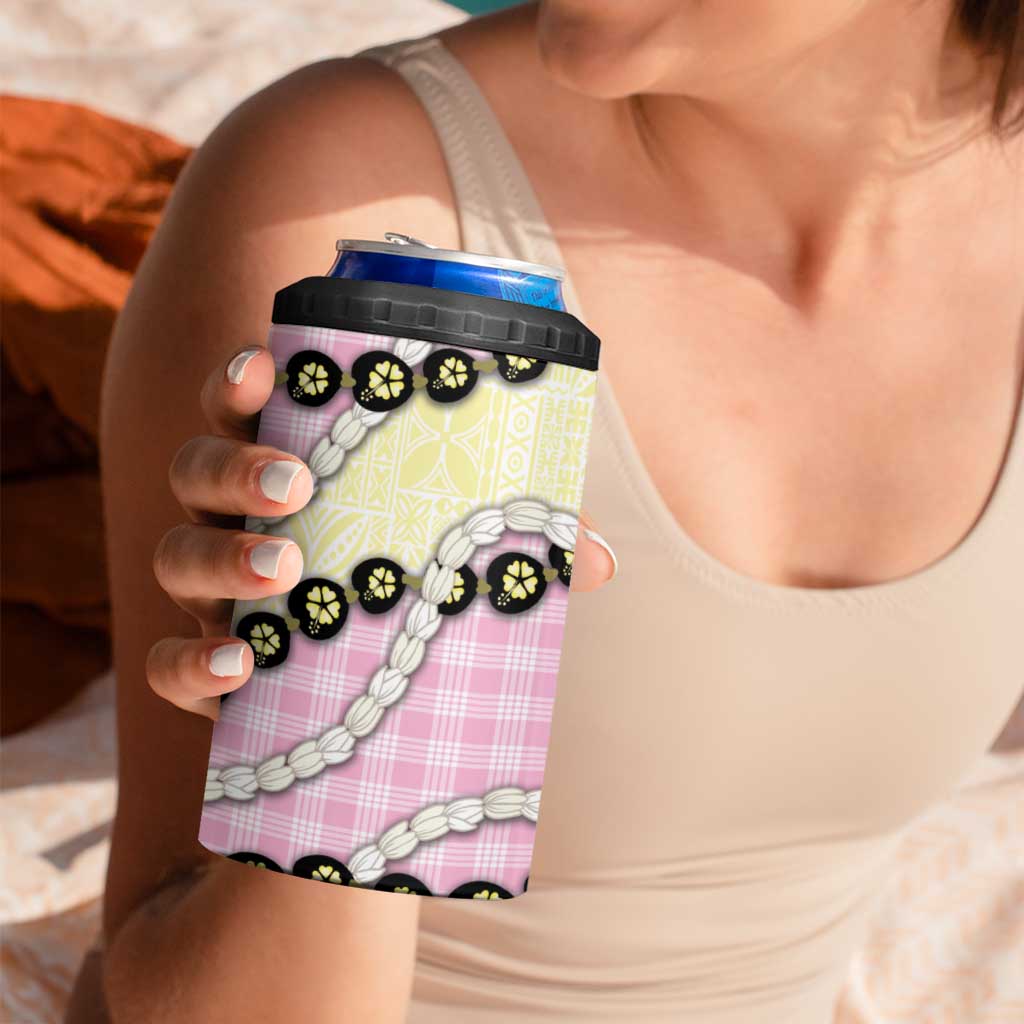 Pink Palaka Hawaii 4 in 1 Can Cooler Tumbler Kukui Nut Pikake Lei Hawaiian Tapa Pattern - Polynesian Pride