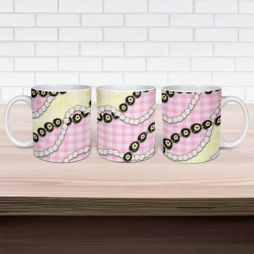 Pink Palaka Hawaii Ceramic Mug Kukui Nut Pikake Lei Hawaiian Tapa Pattern - Polynesian Pride