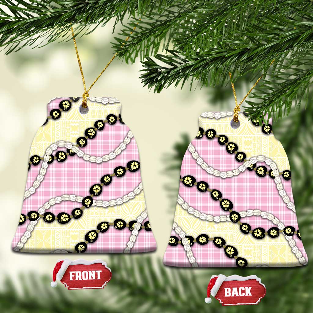 Pink Palaka Hawaii Ceramic Ornament Kukui Nut Pikake Lei Hawaiian Tapa Pattern - Polynesian Pride