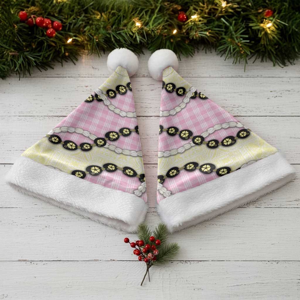 Pink Palaka Hawaii Christmas Santa Hat Kukui Nut Pikake Lei Hawaiian Tapa Pattern - Polynesian Pride