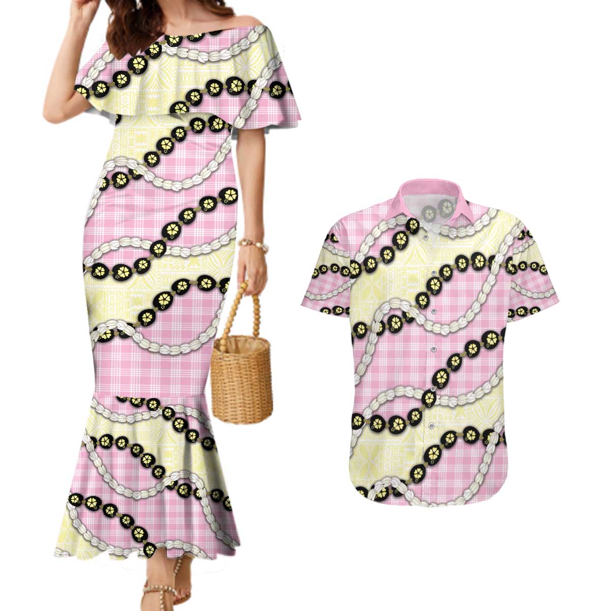 Pink Palaka Hawaii Couples Matching Mermaid Dress and Hawaiian Shirt Kukui Nut Pikake Lei Hawaiian Tapa Pattern - Polynesian Pride