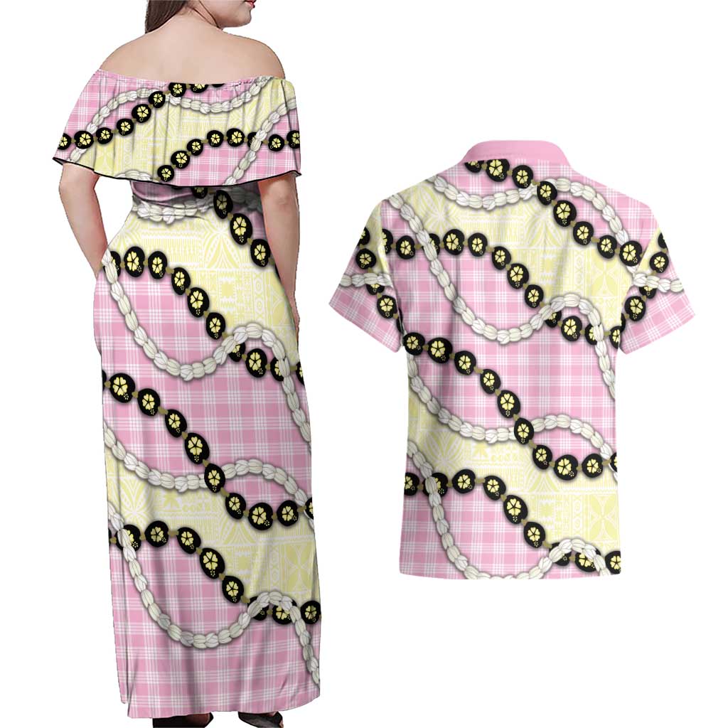 Pink Palaka Hawaii Couples Matching Off Shoulder Maxi Dress and Hawaiian Shirt Kukui Nut Pikake Lei Hawaiian Tapa Pattern LT14 - Polynesian Pride