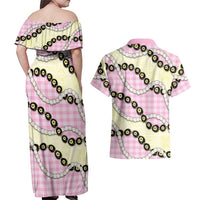 Pink Palaka Hawaii Couples Matching Off Shoulder Maxi Dress and Hawaiian Shirt Kukui Nut Pikake Lei Hawaiian Tapa Pattern LT14 - Polynesian Pride
