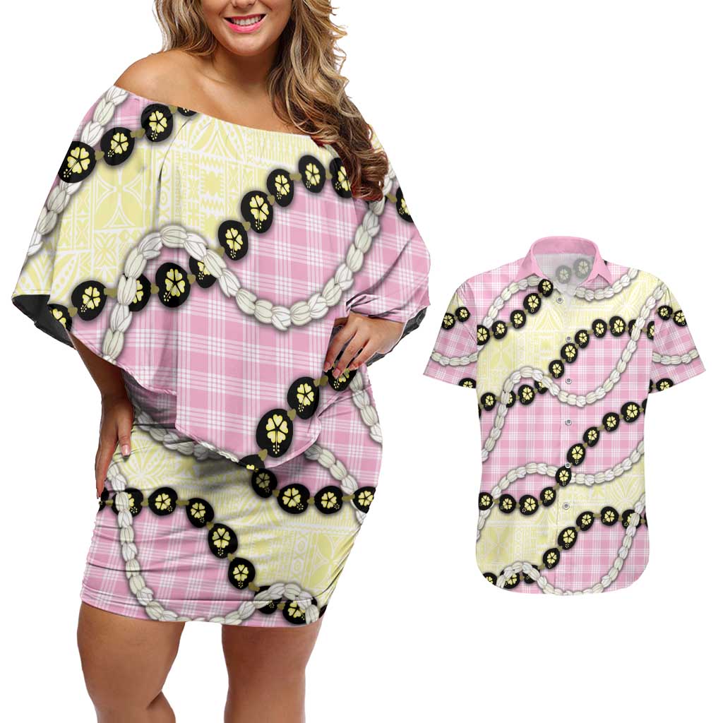 Pink Palaka Hawaii Couples Matching Off Shoulder Short Dress and Hawaiian Shirt Kukui Nut Pikake Lei Hawaiian Tapa Pattern - Polynesian Pride