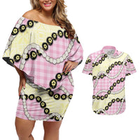 Pink Palaka Hawaii Couples Matching Off Shoulder Short Dress and Hawaiian Shirt Kukui Nut Pikake Lei Hawaiian Tapa Pattern - Polynesian Pride