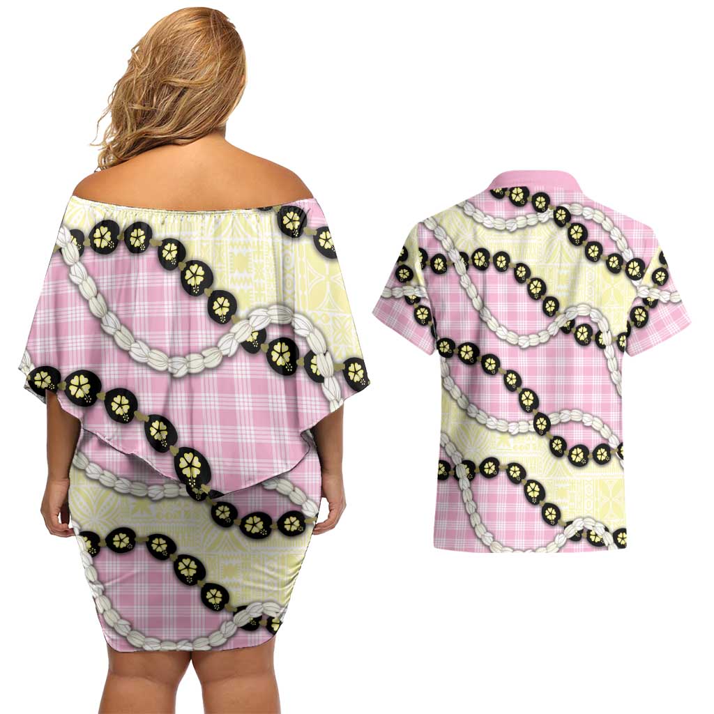Pink Palaka Hawaii Couples Matching Off Shoulder Short Dress and Hawaiian Shirt Kukui Nut Pikake Lei Hawaiian Tapa Pattern - Polynesian Pride