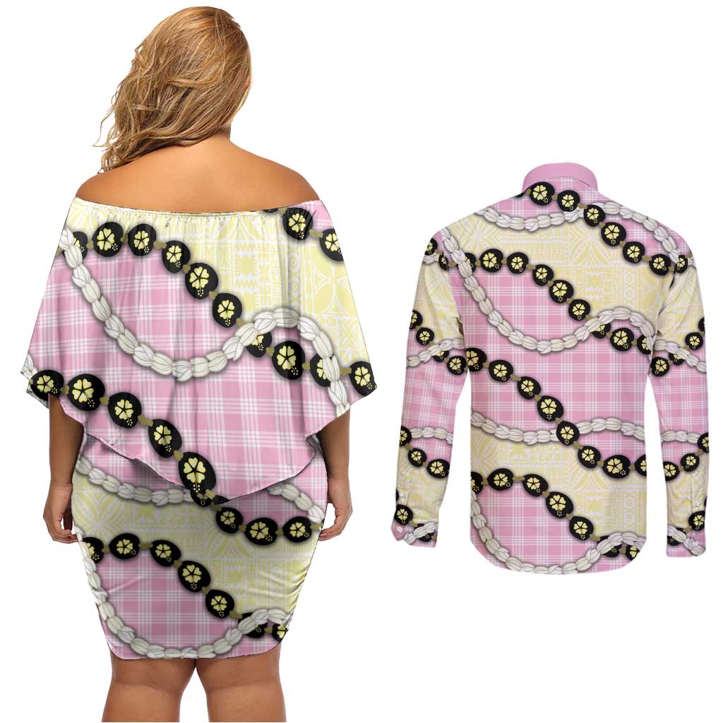 Pink Palaka Hawaii Couples Matching Off Shoulder Short Dress and Long Sleeve Button Shirt Kukui Nut Pikake Lei Hawaiian Tapa Pattern - Polynesian Pride
