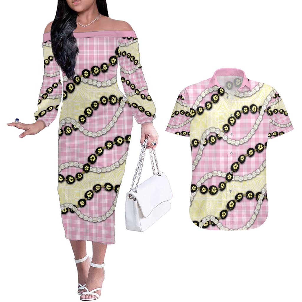 Pink Palaka Hawaii Couples Matching Off The Shoulder Long Sleeve Dress and Hawaiian Shirt Kukui Nut Pikake Lei Hawaiian Tapa Pattern - Polynesian Pride