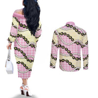 Pink Palaka Hawaii Couples Matching Off The Shoulder Long Sleeve Dress and Long Sleeve Button Shirt Kukui Nut Pikake Lei Hawaiian Tapa Pattern - Polynesian Pride