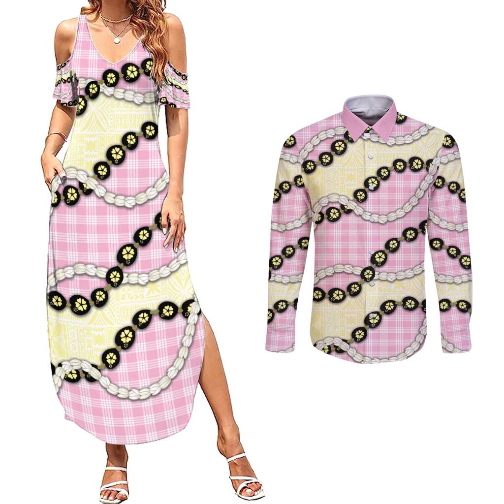 Pink Palaka Hawaii Couples Matching Summer Maxi Dress and Long Sleeve Button Shirt Kukui Nut Pikake Lei Hawaiian Tapa Pattern - Polynesian Pride