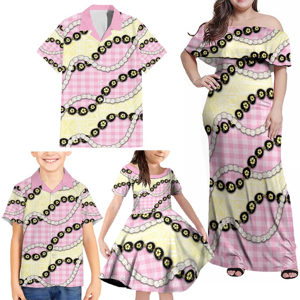 Pink Palaka Hawaii Family Matching Off Shoulder Maxi Dress and Hawaiian Shirt Kukui Nut Pikake Lei Hawaiian Tapa Pattern - Polynesian Pride
