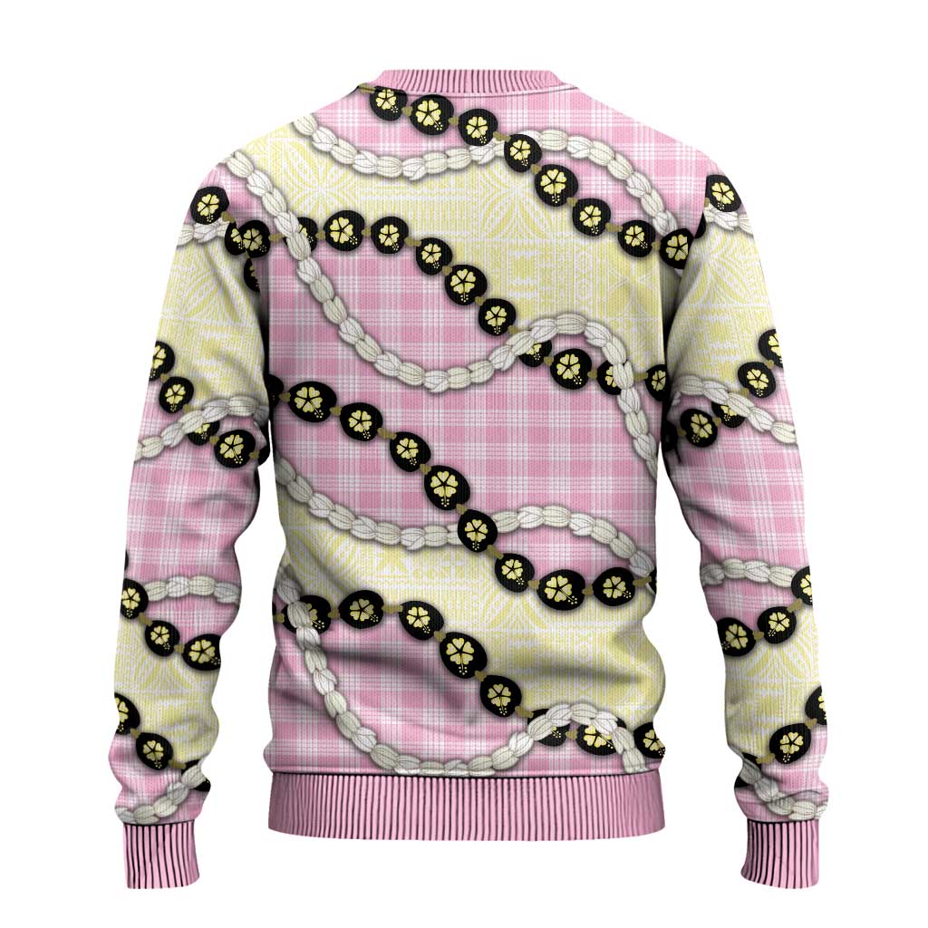 Pink Palaka Hawaii Ugly Christmas Sweater Kukui Nut Pikake Lei Hawaiian Tapa Pattern - Polynesian Pride