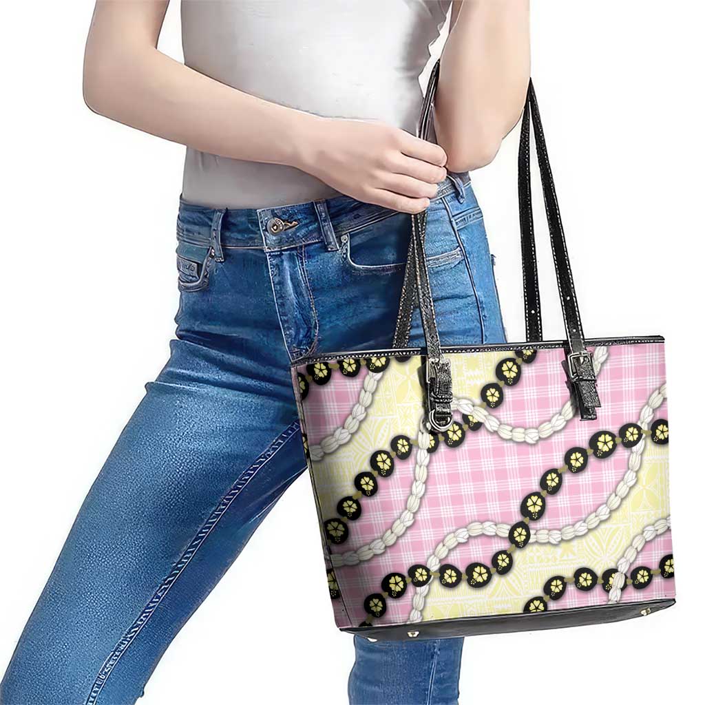 Pink Palaka Hawaii Leather Tote Bag Kukui Nut Pikake Lei Hawaiian Tapa Pattern - Polynesian Pride