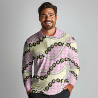 Pink Palaka Hawaii Long Sleeve Polo Shirt Kukui Nut Pikake Lei Hawaiian Tapa Pattern - Polynesian Pride