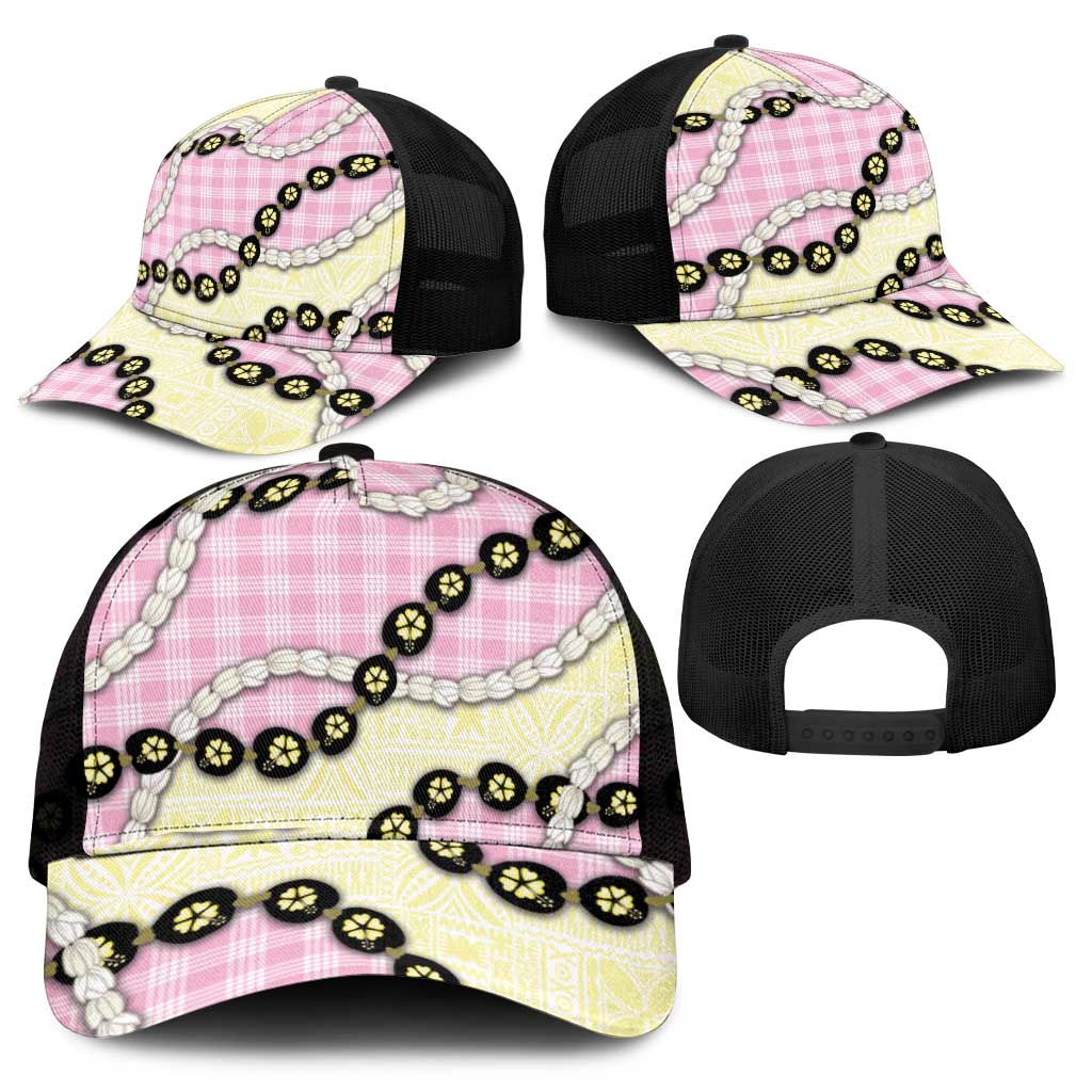 Pink Palaka Hawaii Mesh Trucker Cap Kukui Nut Pikake Lei Hawaiian Tapa Pattern - Polynesian Pride