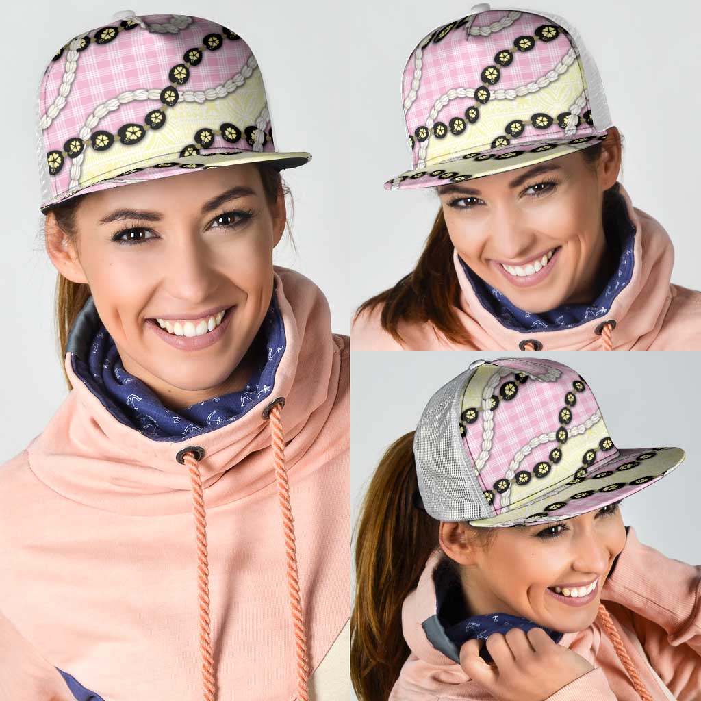 Pink Palaka Hawaii Mesh Trucker Cap Kukui Nut Pikake Lei Hawaiian Tapa Pattern - Polynesian Pride