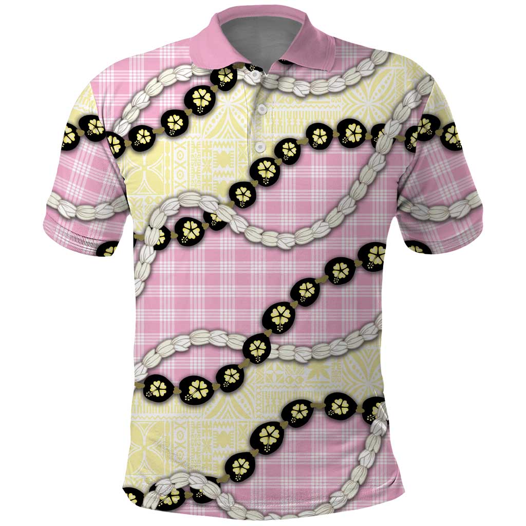 Pink Palaka Hawaii Polo Shirt Kukui Nut Pikake Lei Hawaiian Tapa Pattern - Polynesian Pride
