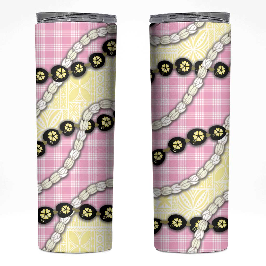 Pink Palaka Hawaii Skinny Tumbler Kukui Nut Pikake Lei Hawaiian Tapa Pattern - Polynesian Pride