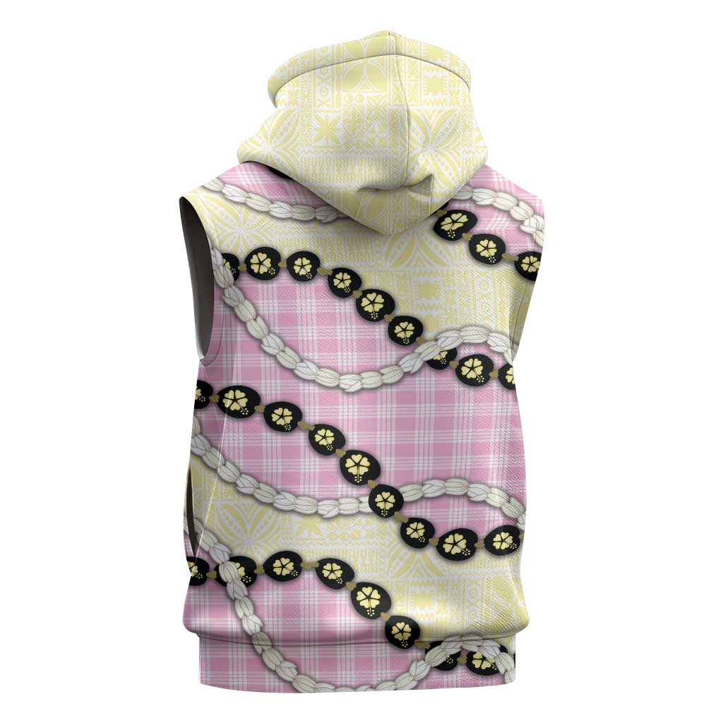Pink Palaka Hawaii Sleeveless Hoodie Kukui Nut Pikake Lei Hawaiian Tapa Pattern - Polynesian Pride