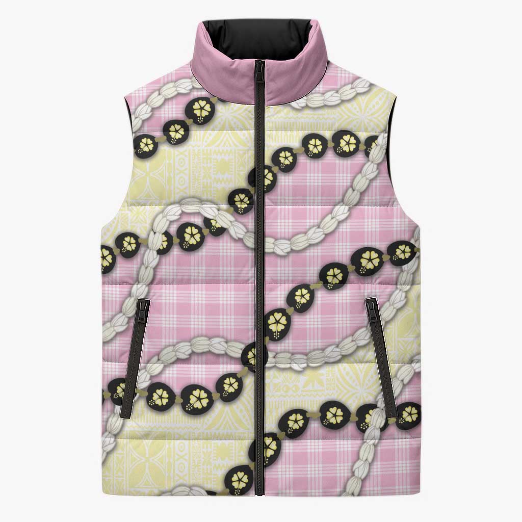 Pink Palaka Hawaii Sleeveless Puffer Jacket Kukui Nut Pikake Lei Hawaiian Tapa Pattern - Polynesian Pride