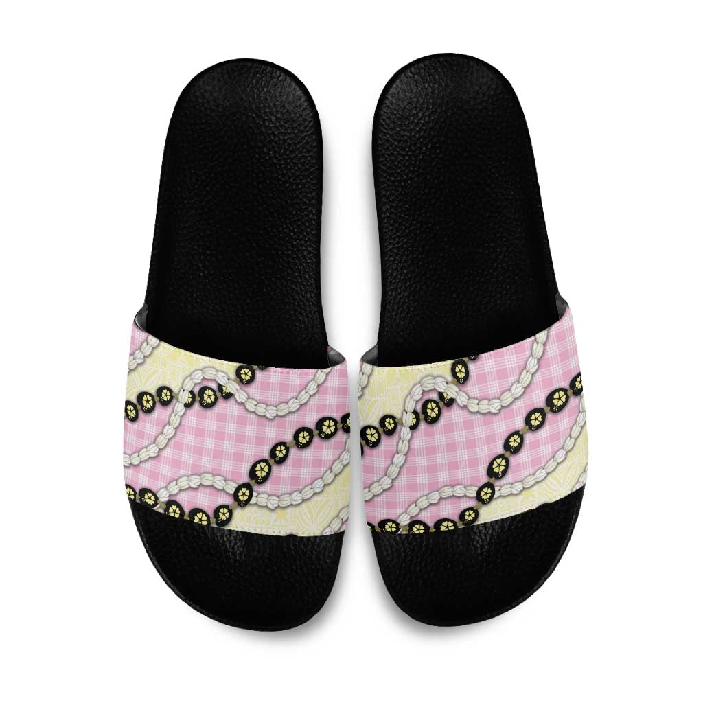 Pink Palaka Hawaii Slide Sandals Kukui Nut Pikake Lei Hawaiian Tapa Pattern - Polynesian Pride