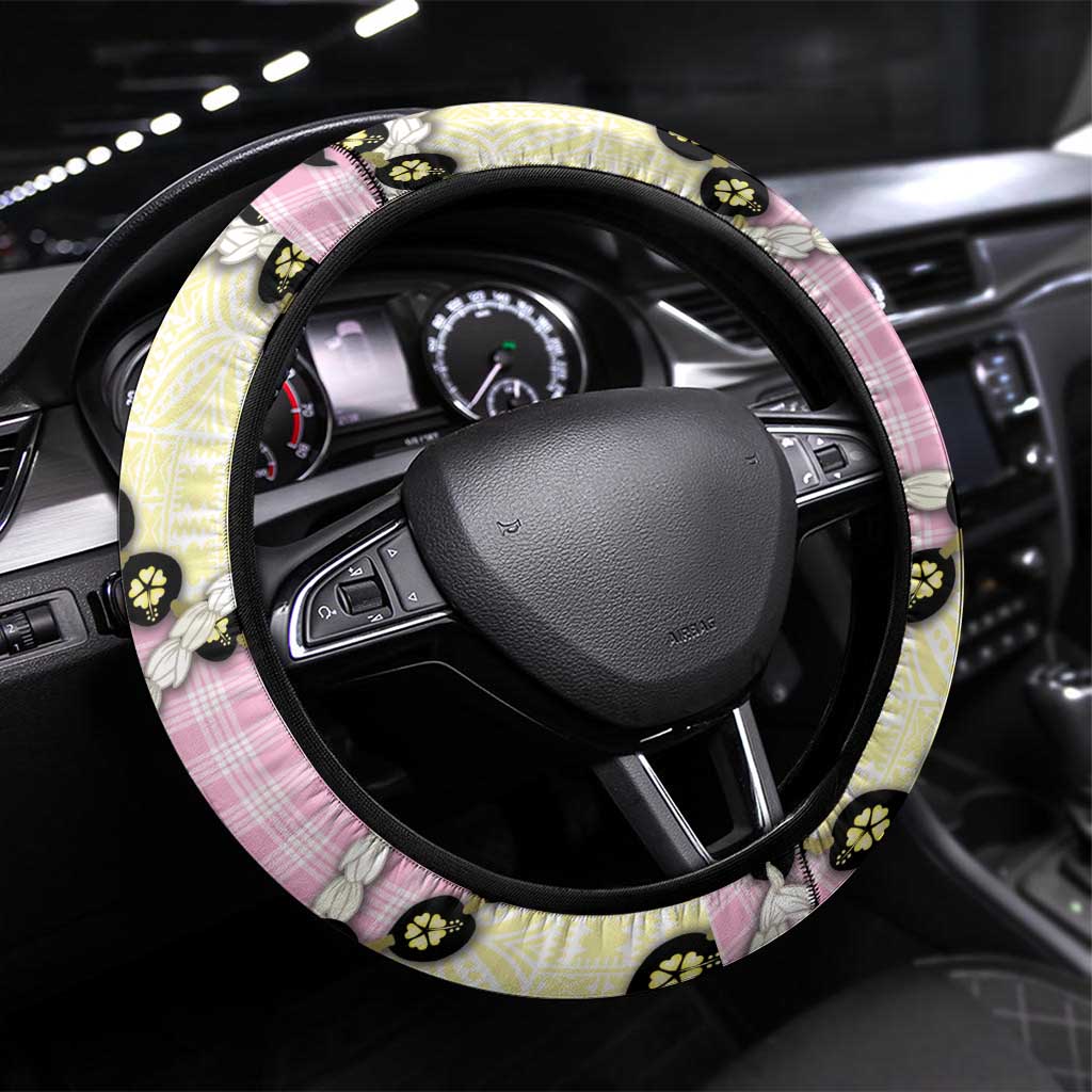Pink Palaka Hawaii Steering Wheel Cover Kukui Nut Pikake Lei Hawaiian Tapa Pattern - Polynesian Pride