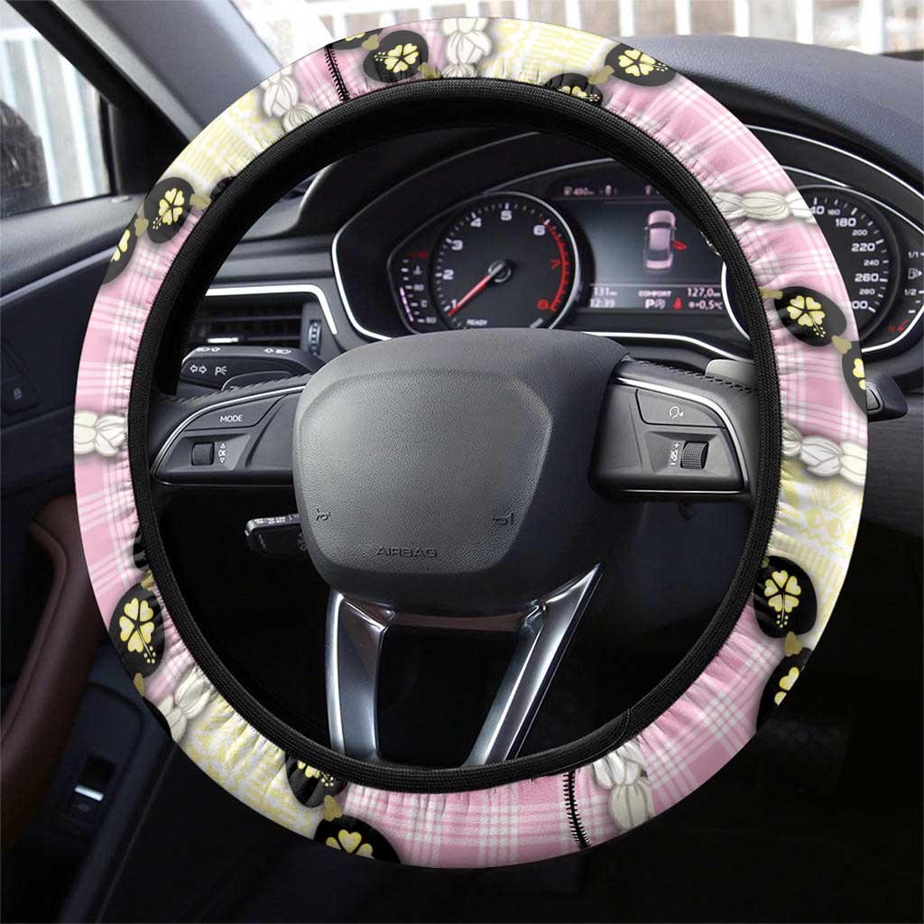 Pink Palaka Hawaii Steering Wheel Cover Kukui Nut Pikake Lei Hawaiian Tapa Pattern - Polynesian Pride