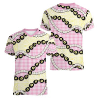 Pink Palaka Hawaii Women V-Neck T-Shirt Kukui Nut Pikake Lei Hawaiian Tapa Pattern - Polynesian Pride