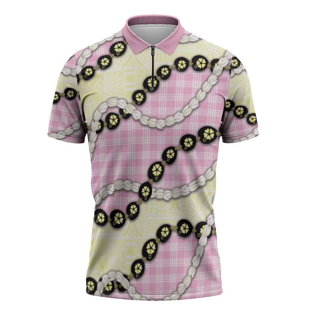 Pink Palaka Hawaii Zipper Polo Shirt Kukui Nut Pikake Lei Hawaiian Tapa Pattern - Polynesian Pride