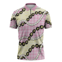 Pink Palaka Hawaii Zipper Polo Shirt Kukui Nut Pikake Lei Hawaiian Tapa Pattern - Polynesian Pride